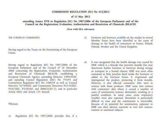 ISO/TS 16186,Regolamento (UE) n. 412/2012 che modifica la voce 61 dell'allegato XVII del regolamento (CE) n. 1907/2006